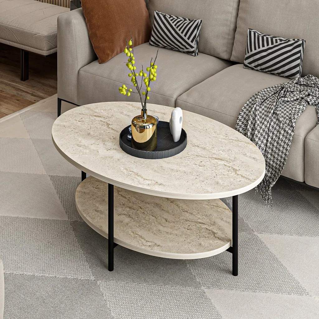 Table Basse de Salon Rectangulaire en Travertin Naturel Beige Elis