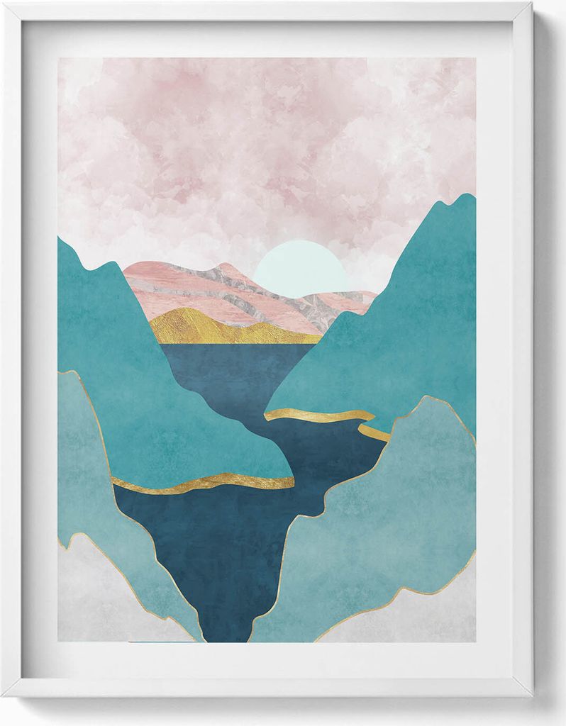 Modische Illustration von Bergen und Flüssen– Wandbild mit Rahmen – Gerahmtes Bild – Wanddekoration – 60x80 cm – Weiß Rahmen