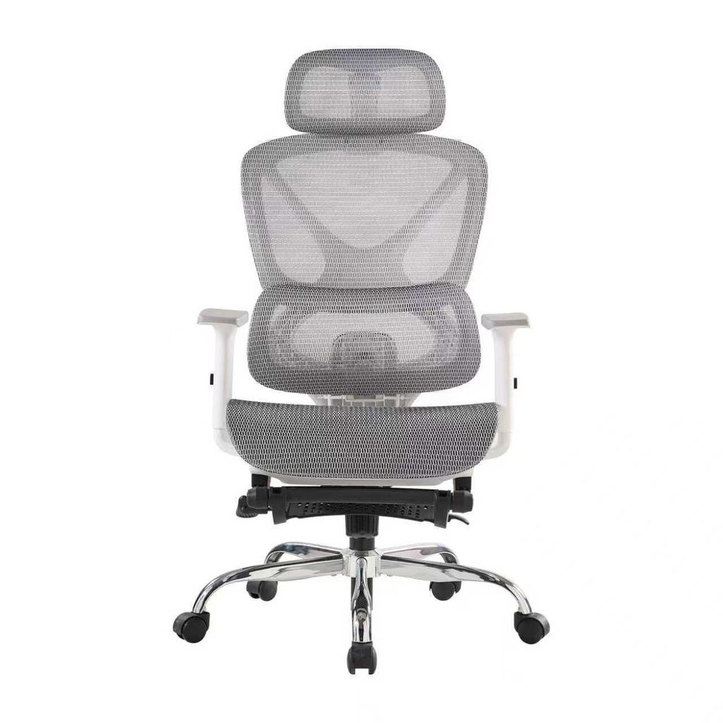 SevenComfort Ergonomischer Bürostuhl mit Fußstütze 3D-Armlehnen&Kopfstütze verstellbare Rückenlehne Meshbezug atmungsaktiv Grau