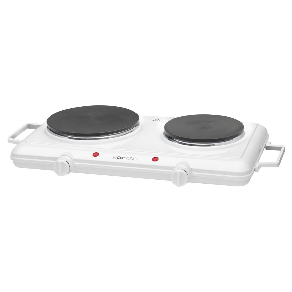 A white electric double hot plate burner sits on a white background.