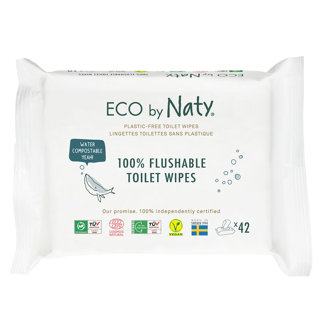 A package of ECO by Naty flushable toilet wipes on a white background.
