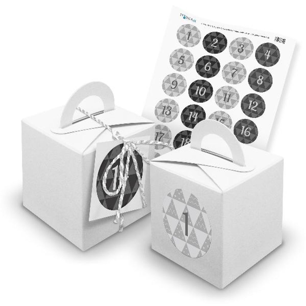 itenga SET Adventskalender Würfelboxen weiß + Garn + Anhänger (V26) + Motiv Z25