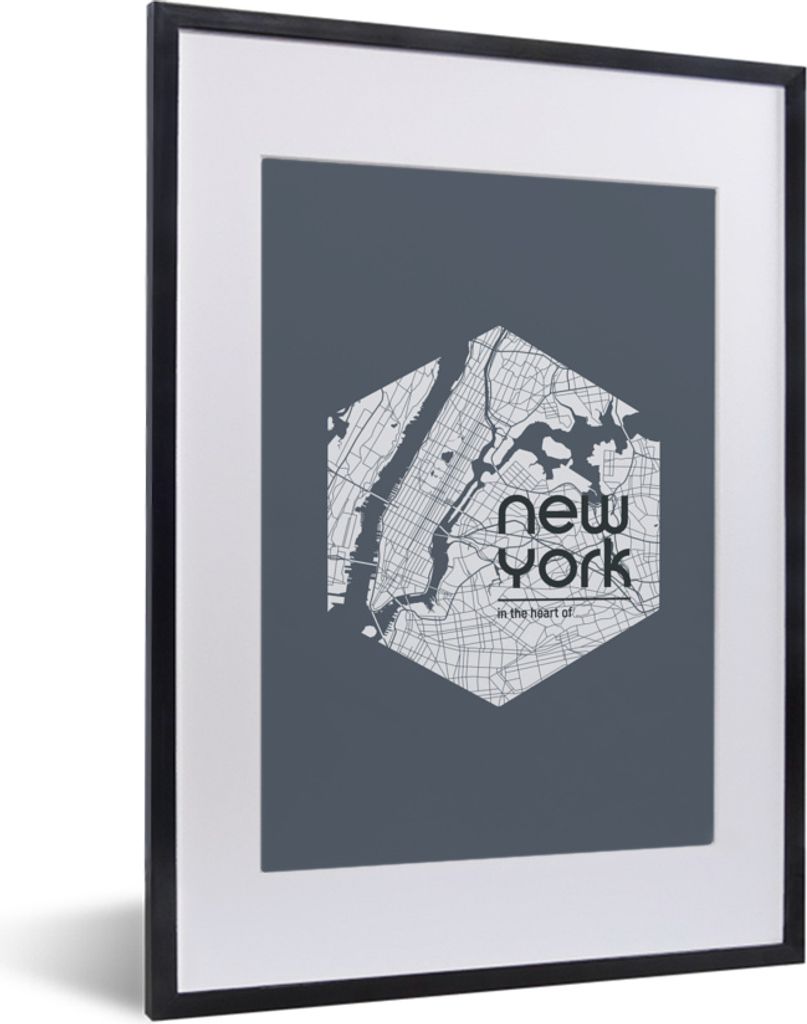 MuchoWow MuchoWow Gerahmtes Poster New York - Karte - Fluss 30x40 cm - Poster mit zchwarzem Bilderrahmen - Wandposter Schlafzimmer