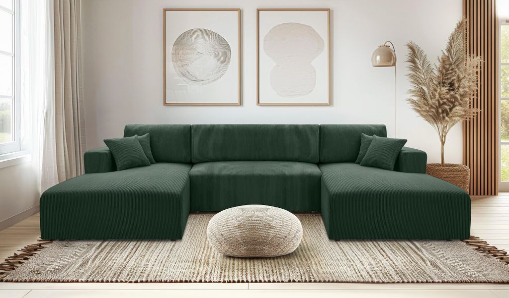 AX LIVING Grün Sofa U Form mit Schlaffunktion – Catea U Cord Wohnlandschaft 364cm