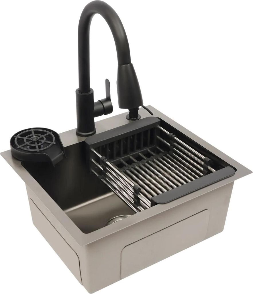 Küchenspüle Set - Einzelbecken 45×40 cm - Unterbau - Auszieharmatur 40 cm, 2 Strahlarten - Edelstahl 201 mit Nano-Beschichtung - Seifenspender &...