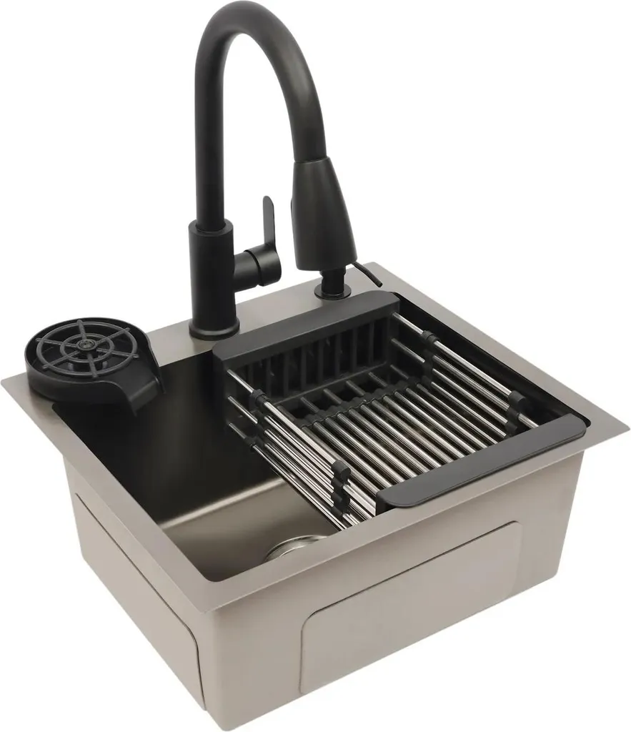 Évier de Cuisine 45x40 cm avec Robinet Extractible en Inox Nano Gris