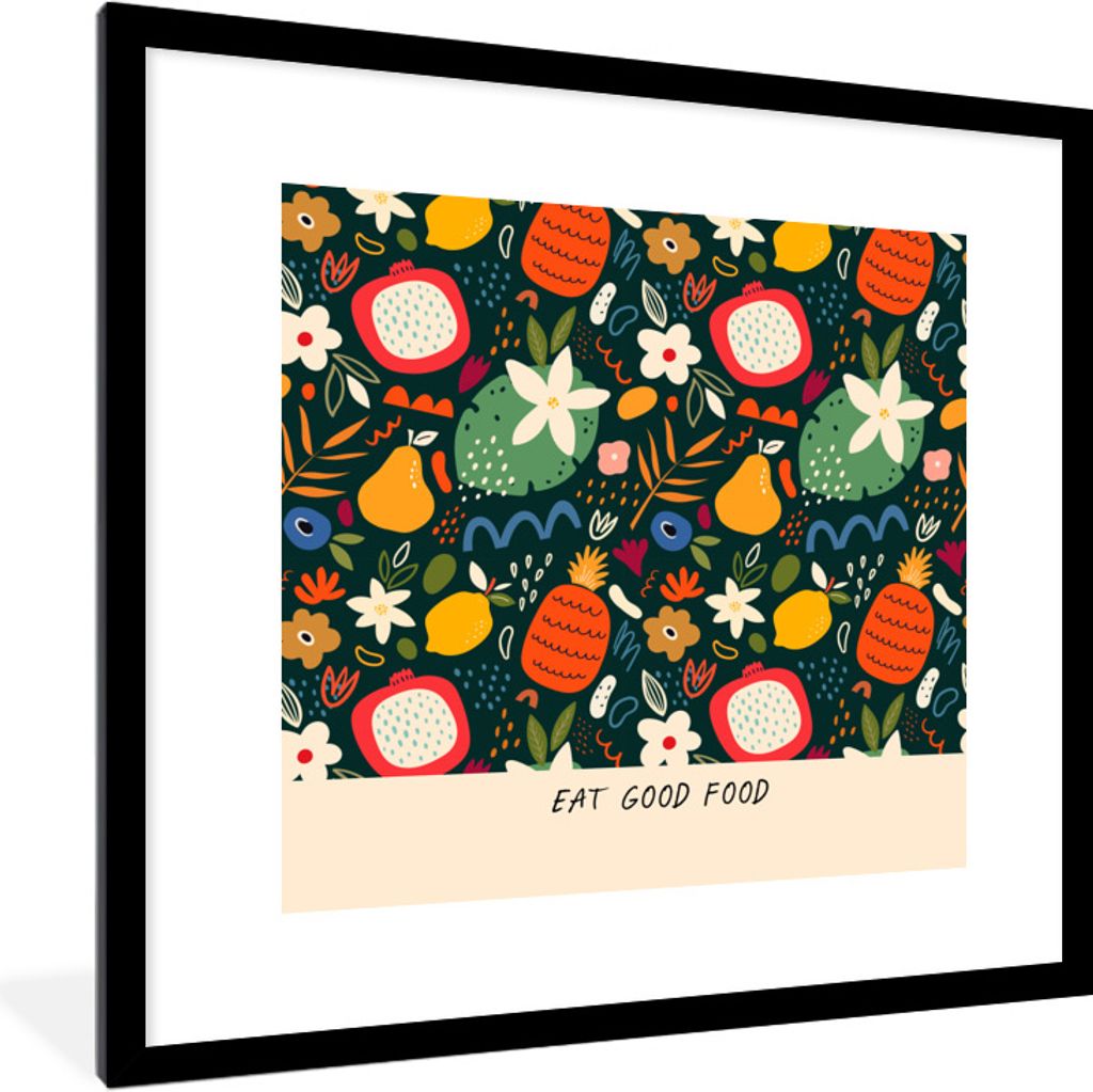 MuchoWow Gerahmtes Poster Sprichwörter - Gutes Essen essen - Zitate 40x40 cm - Poster mit Schwarzem Bilderrahmen Wandposter Rahmen Foto Bilder -...