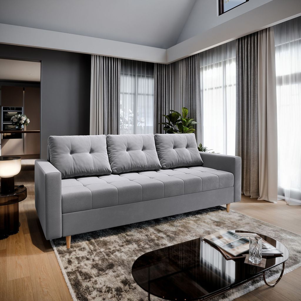 Sofa MILO Hellgrau Plüsch-Stoff mit Schlaffunktion, Sofa mit Bettkasten, Sofa mit Bettkasten, Wohnzimmersofa, Couch, Soffa, Bettsofa, Couchgarnitu...