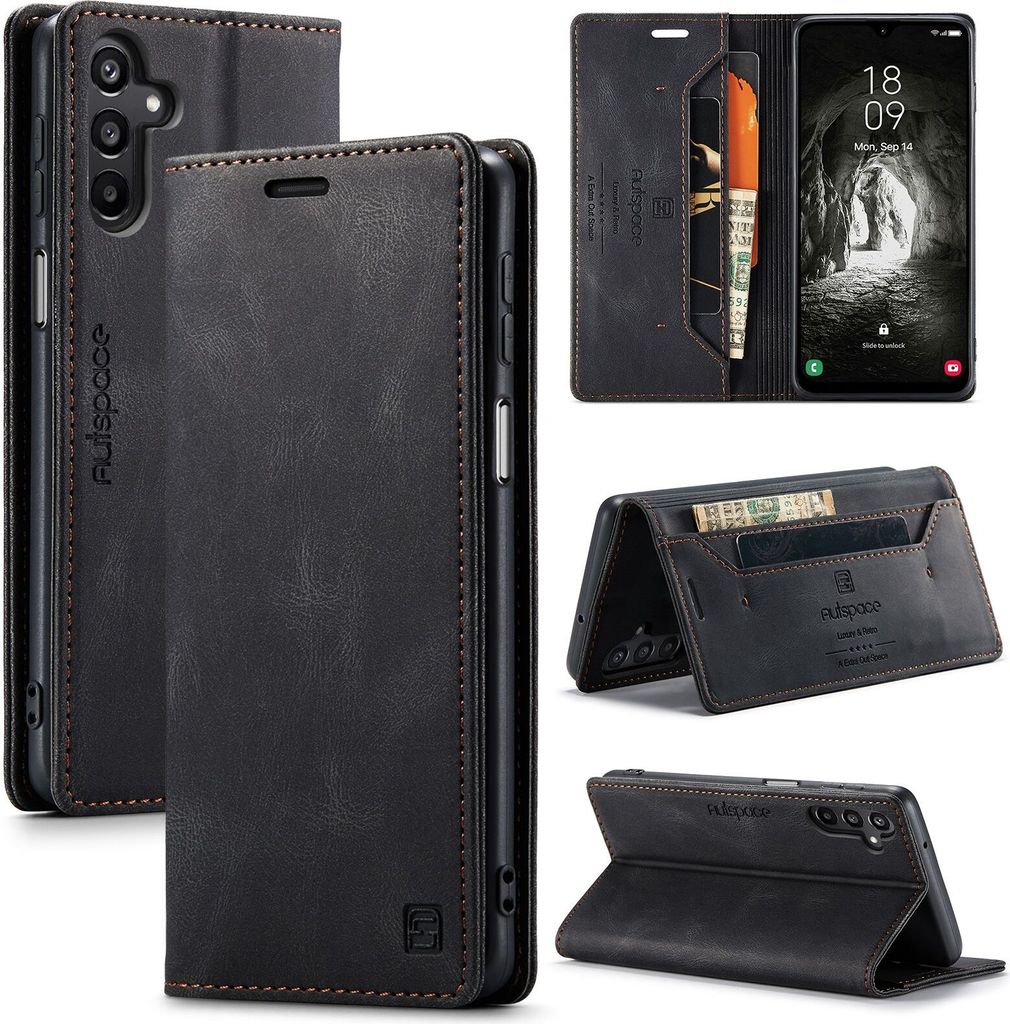 A collage of images showing a black leather phone case for a Samsung Galaxy A16.