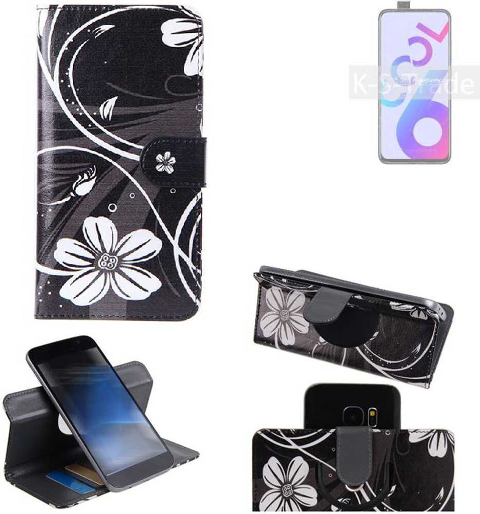 K-S-Trade Schutzhülle Handyhülle kompatibel mit Coolpad Cool 6 Hülle 360° Wallet Case ''Flowers'' Klapphülle Hülle schwarz-weiß 1x