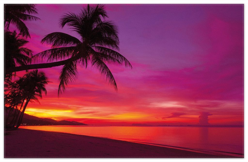 Wallario Premium Teppich, Größe 90 x 140 cm, Abendrot unter Palmen - pinker Himmel am Strand
