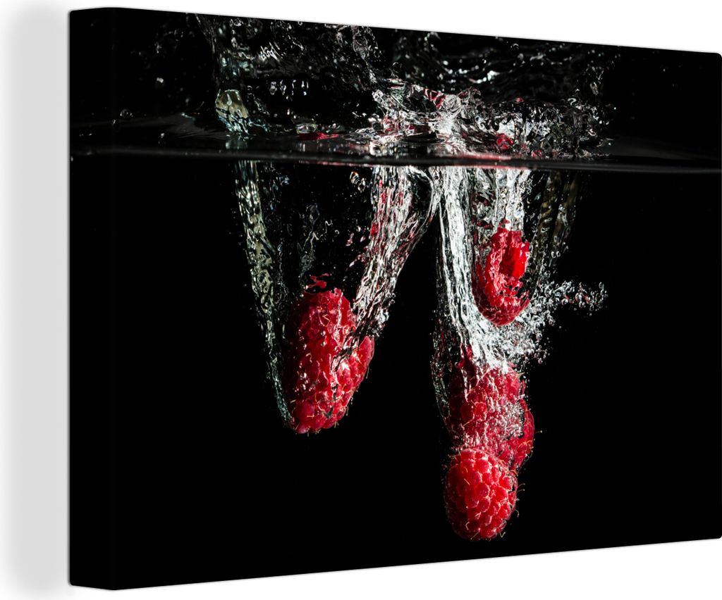 OneMillionCanvasses - Leinwandbilder - 140x90 cm, Himbeeren - Obst - Stilleben - Wasser - Schwarz - Rot, Wandbilder Kunstdruck Wanddekoration - F...
