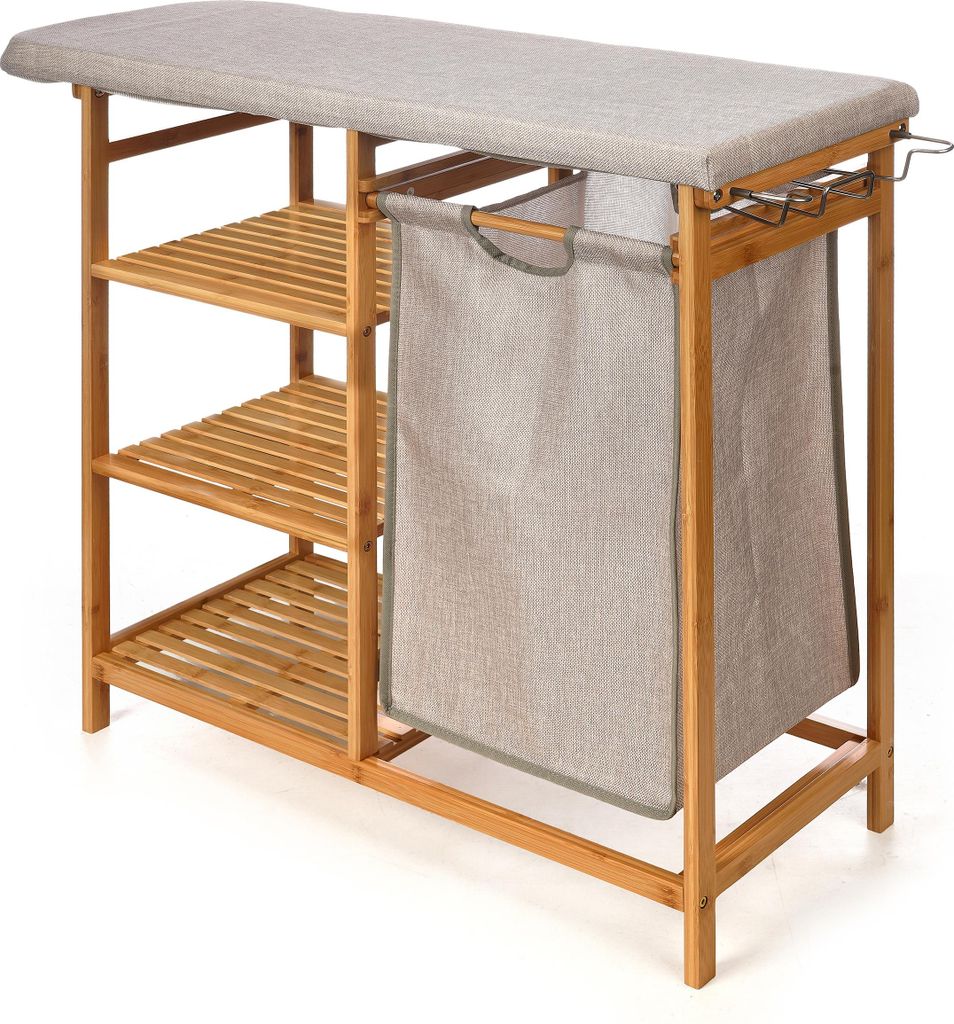 A bamboo ironing board with shelves and a laundry bag.