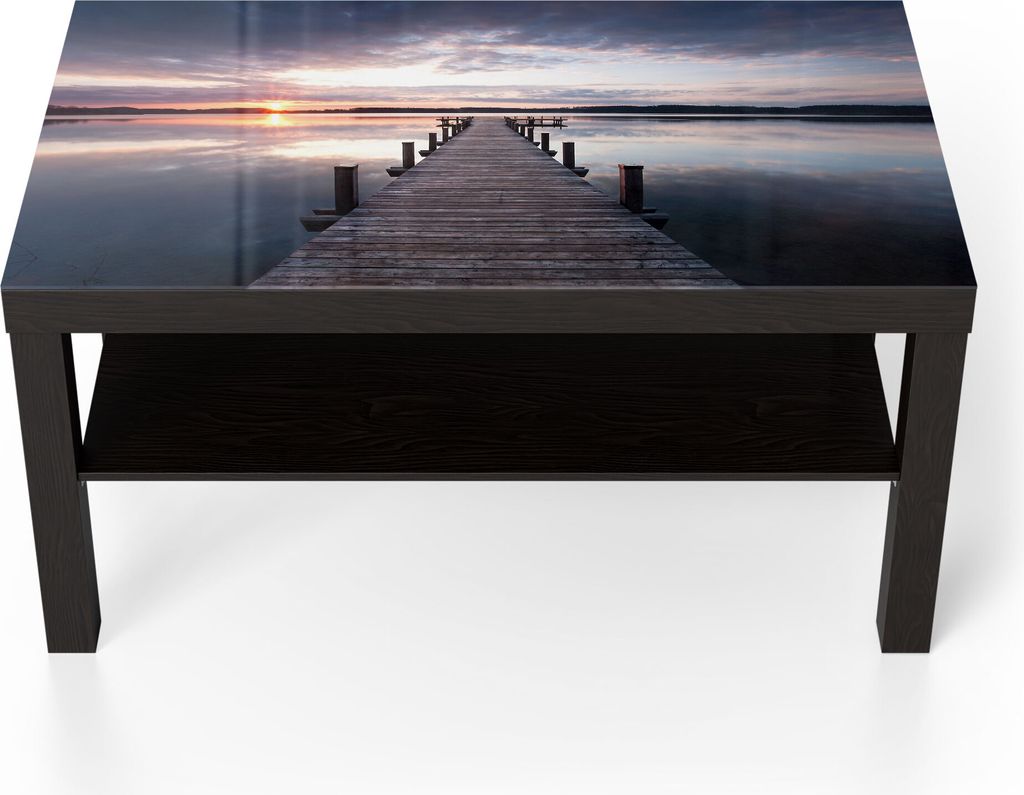 DEQORI Couchtisch 90x55 cm Schwarz 'Steg bei Sonnenuntergang' Glas Beistelltisch