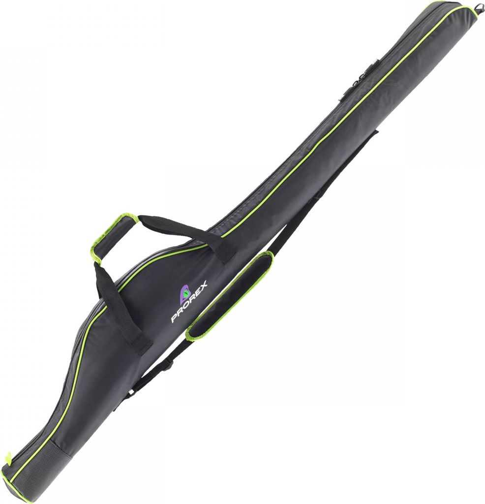 A black fishing rod bag with green trim, shown against a white background.