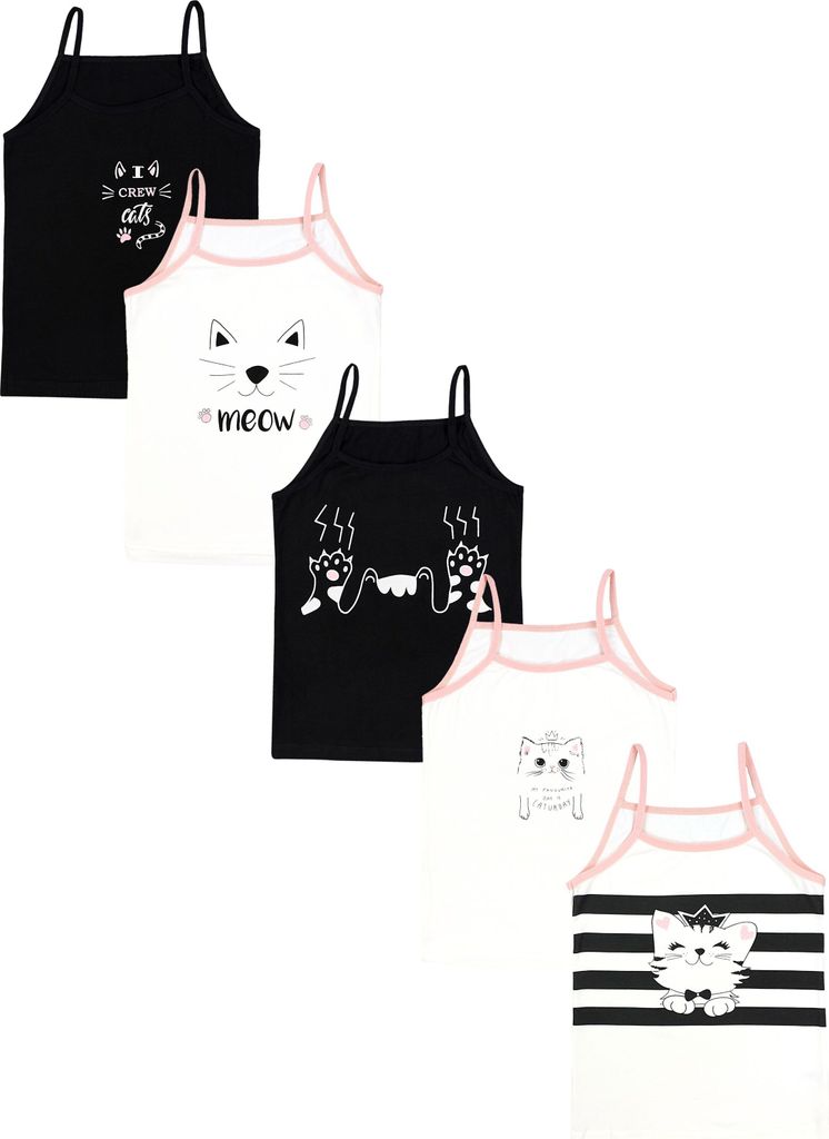 TupTam Mädchen Unterhemd Spaghettiträger Top – Atmungsaktive Unterhemden Mädchen im 5er Pack, Farbe: Katzen Creme Schwarz, Größe: 110-116