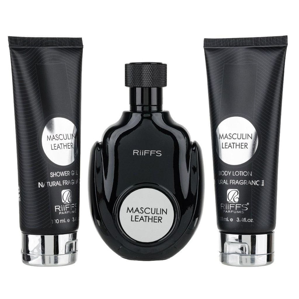 Riiffs Masculin Leather Geschenkset für Herren: Eau de Parfum 100 ml + Duschgel 100 ml + Bodylotion 100 ml