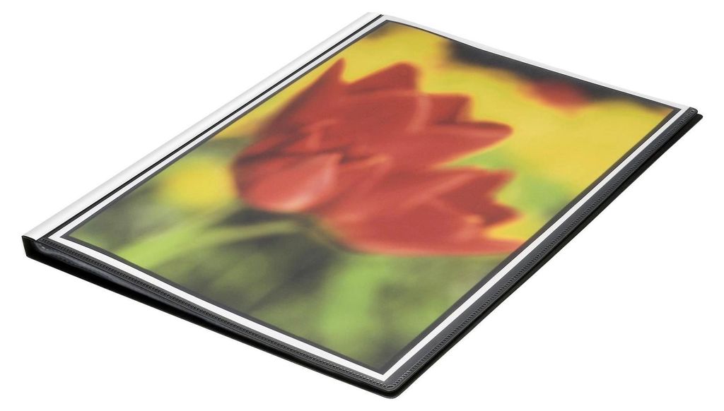 A black folder with a picture of a red tulip on the cover, shown at an angle on a white background.