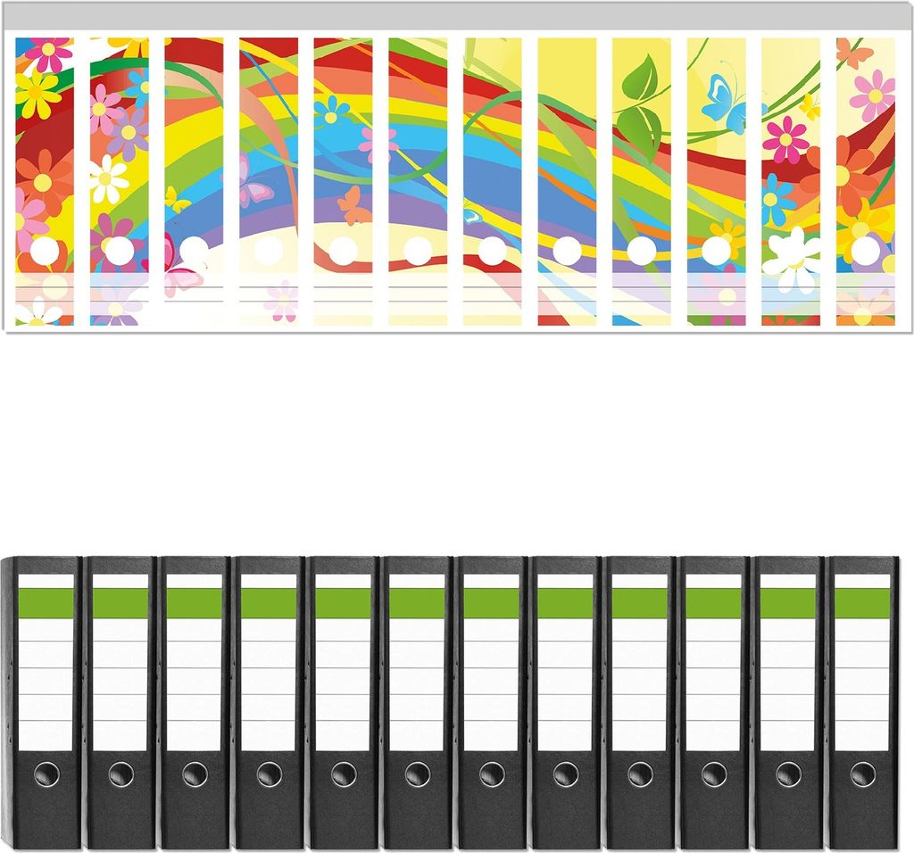 Wallario 12 Stück breite Ordner inkl. Klebeetiketten mit Motive Regenbogen im Sommer - Bienchen und Blümchen - Set mit Rückenschildern / Ordnerr...