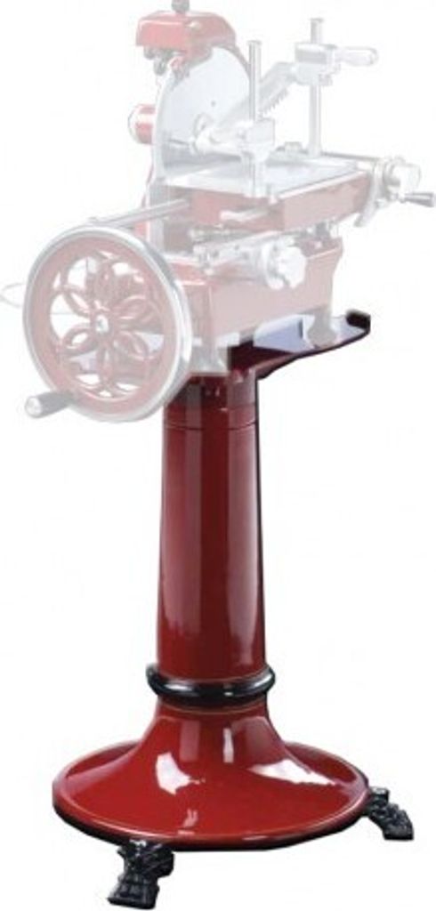 A red stand for a slicer machine.