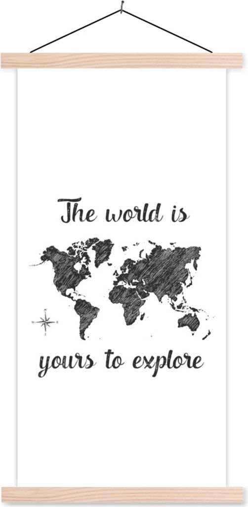 MuchoWow Textilposter Weltkarte - Schwarz - Sprichwörter 60x120 cm mit holzfarbenen Rahmen - Holz