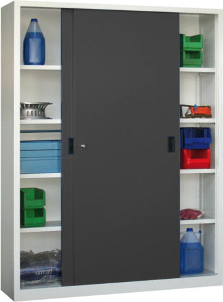 Schiebetürenschrank - Vollblechtüren - 1.950x1.500x600 mm (HxBxT) - 8 Böden, verzinkt - Zylinderschloss - tiefschwarz/feuerrot