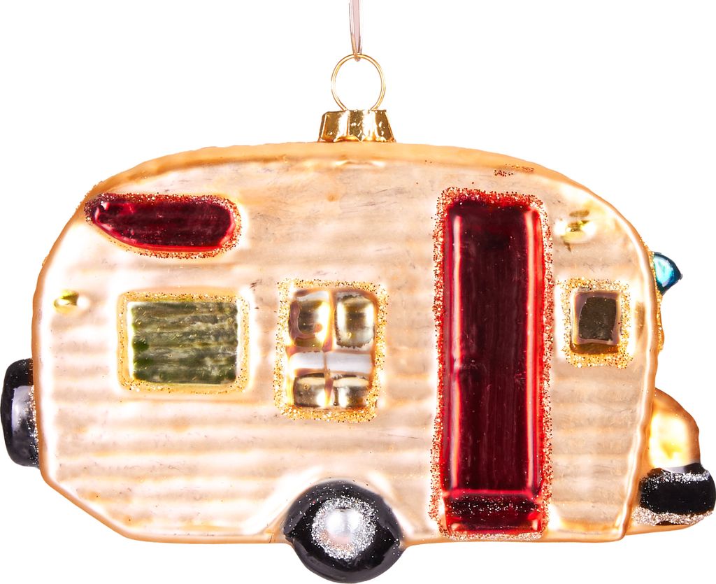 BRUBAKER Wohnwagen - Handbemalte Weihnachtskugel aus Glas - Christbaumschmuck Figuren lustig Deko Anhänger Baumkugel - 11 cm