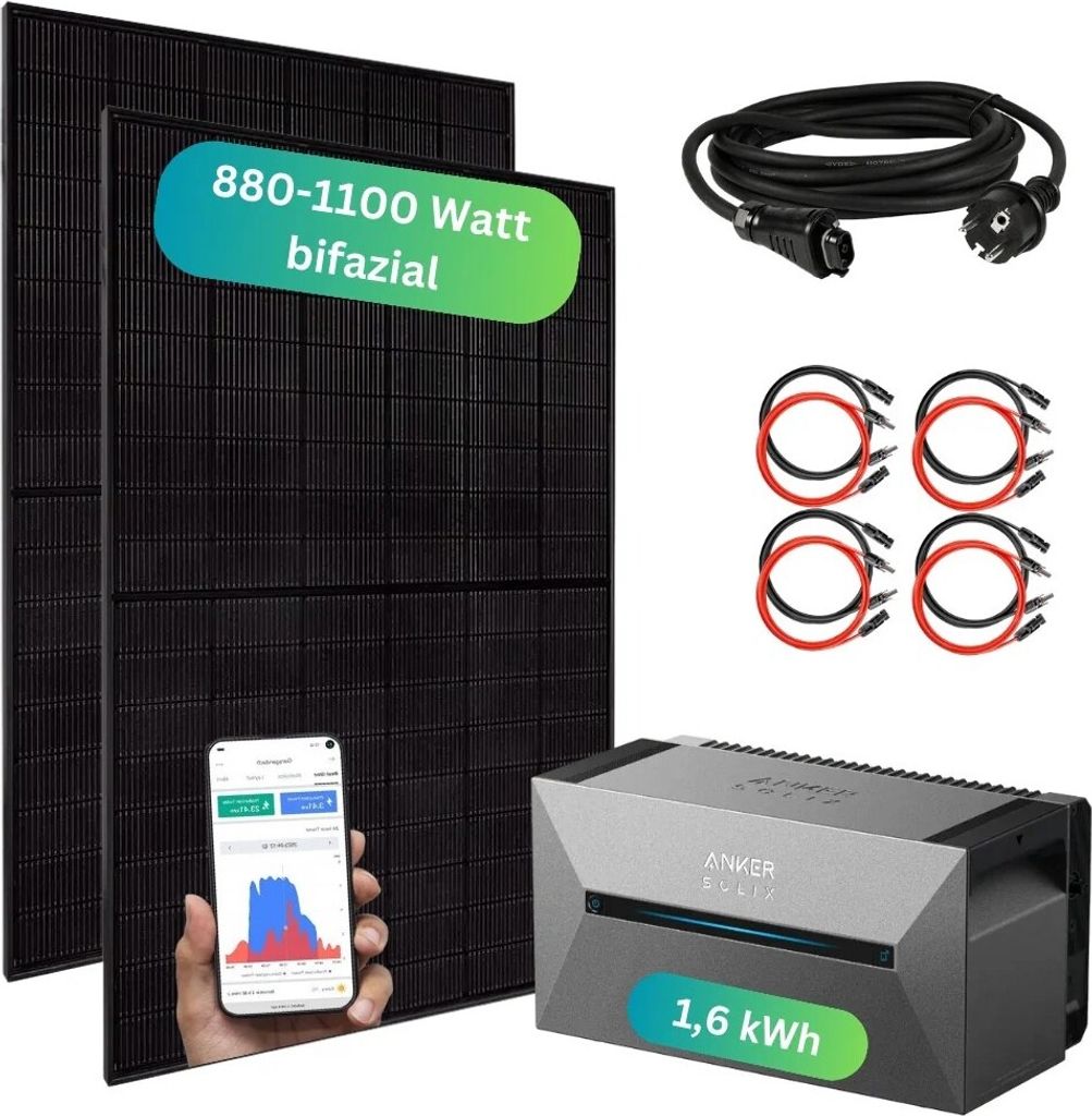 MYVOLTAICS Balkonkraftwerk 880+ Watt mit Speicher Anker SOLIX Solarbank 2 Pro (1,6 kWh), Steckerfertig - einstecken. fertig. Aufständerung 20° f...