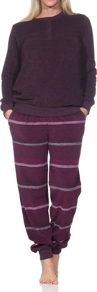 Normann Damen Frottee Schlafanzug lang mit Bündchen - Hose gestreift - auch in Übergrößen ; beere , 56