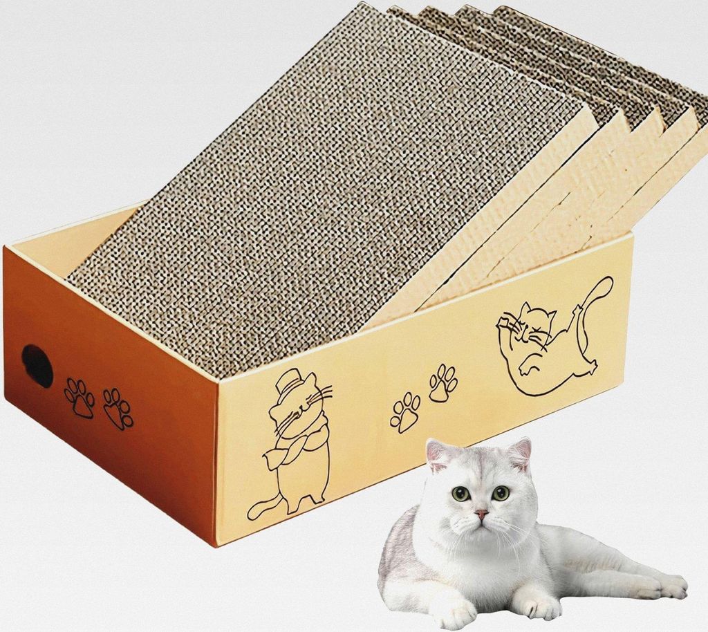 Katzenkratzbrett mit Box, 42 x 26 cm 5 Schichten Design Katzenkratzmatte, Reversible Katzenkratzer Karton Lounge Bett, Wellpappe Kratzbaum für Ind...