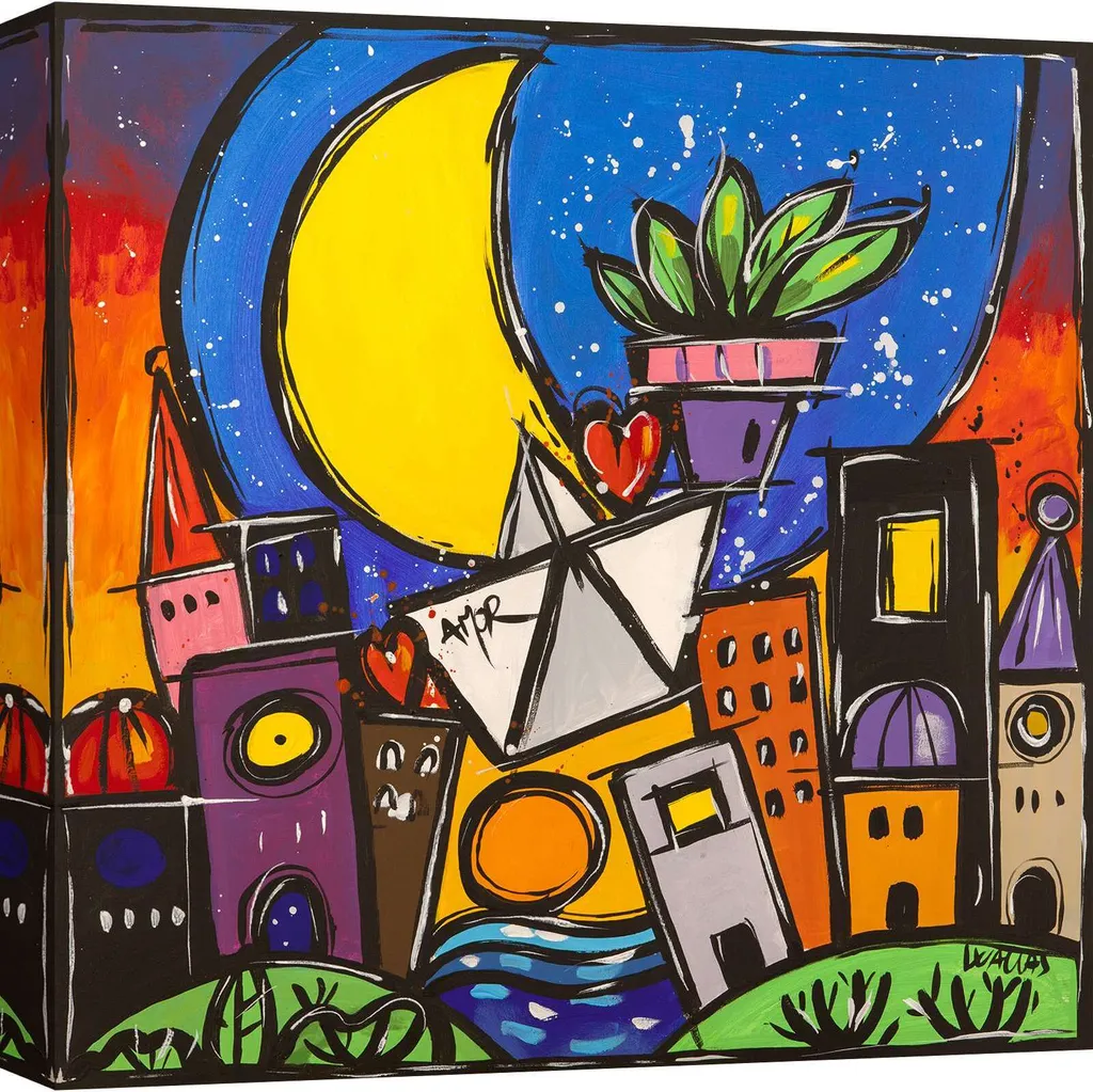 Décoration murale sur toile Nuit au village par Wallas en 70x70 cm