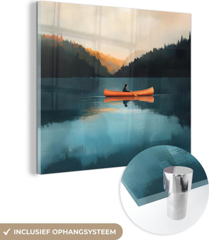 MuchoWow Glasbilder - Bilder auf Wandbild - Foto auf Glas Wälder - See - Kanu - Orange 40x40 cm Wanddekoration aus Glas - Acrylglasbild - Acrylbilder