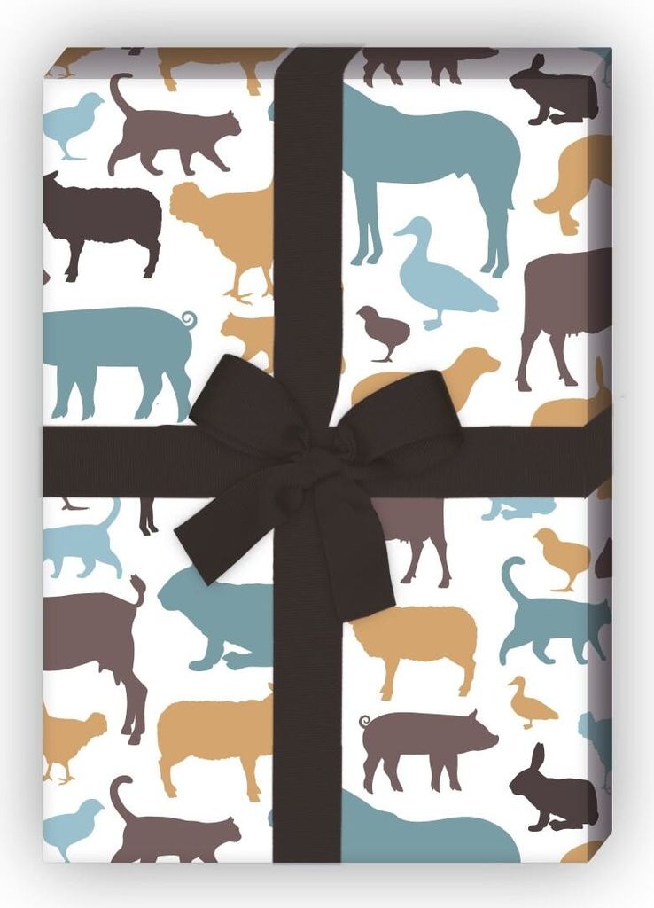 Buntes Bauernhof Geschenkpapier mit vielen Tier Silhouetten, braun - G8101, 32 x 48cm