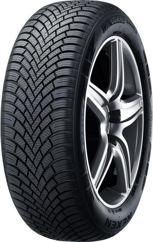 A close-up studio shot of a Nexen Winguard Snow G3 tire mounted on a silver alloy wheel.