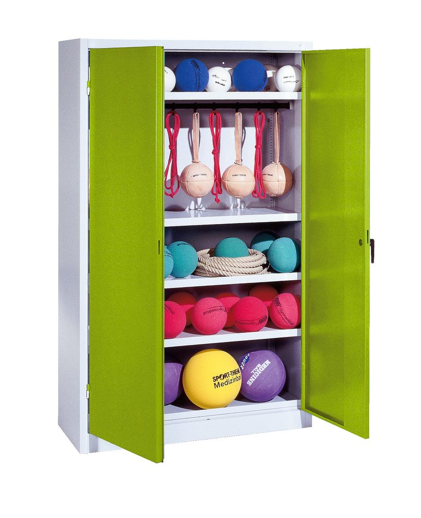 C+P Sportgeräteschrank mit Vollblech-Flügeltüren (Typ 2), HxBxT 195x120x50 cm, Ergo-Lock Muldengriff, Clowngrün (RAL 110 80 60), Lichtgrau (RAL...