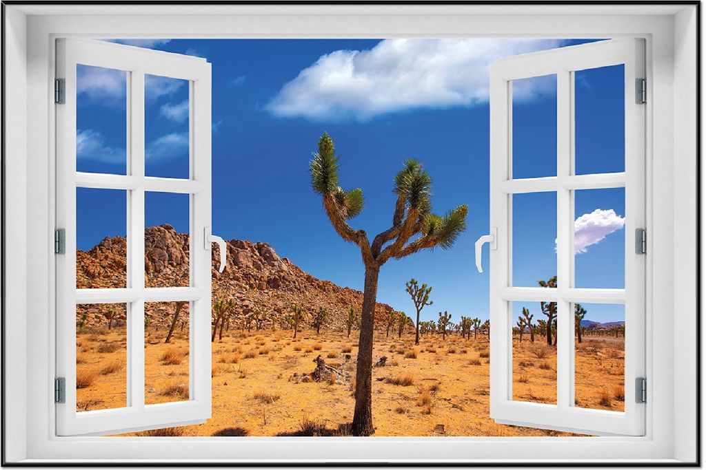Wallario Wandbild mit Fenster-Illusion: Palmlilie im Nationalpark Yucca Valley Wüstenlandschaft, Größe: 61 x 91,5 cm, Poster mit schwarzem Alumi...