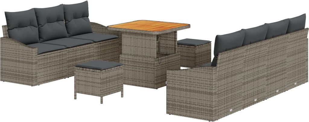 Möbel 10-teiliges Garten Sofa Set mit Kissen Grau Poly Rattan Akazie, 2-Sitzer Garten Sofa mit Stauraum & Kissen Grau Poly Rattan, 3-teiliges Gart...