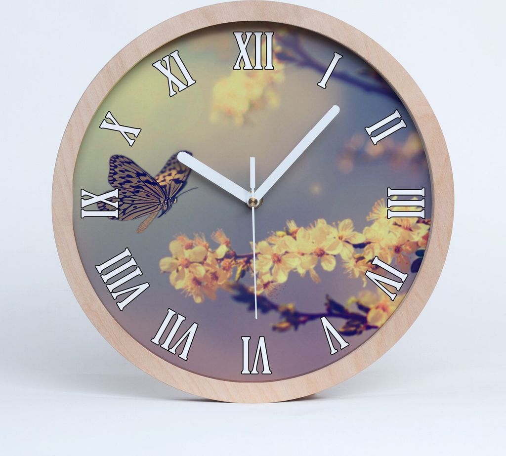 Holzuhr 20fi cm wanduhr - weiße Spitzen - Kirschblüte und Schmetterling