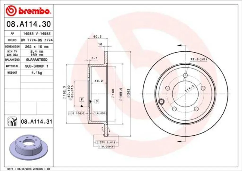 Disque de frein haute performance Brembo 08.A114.31 fonte robuste