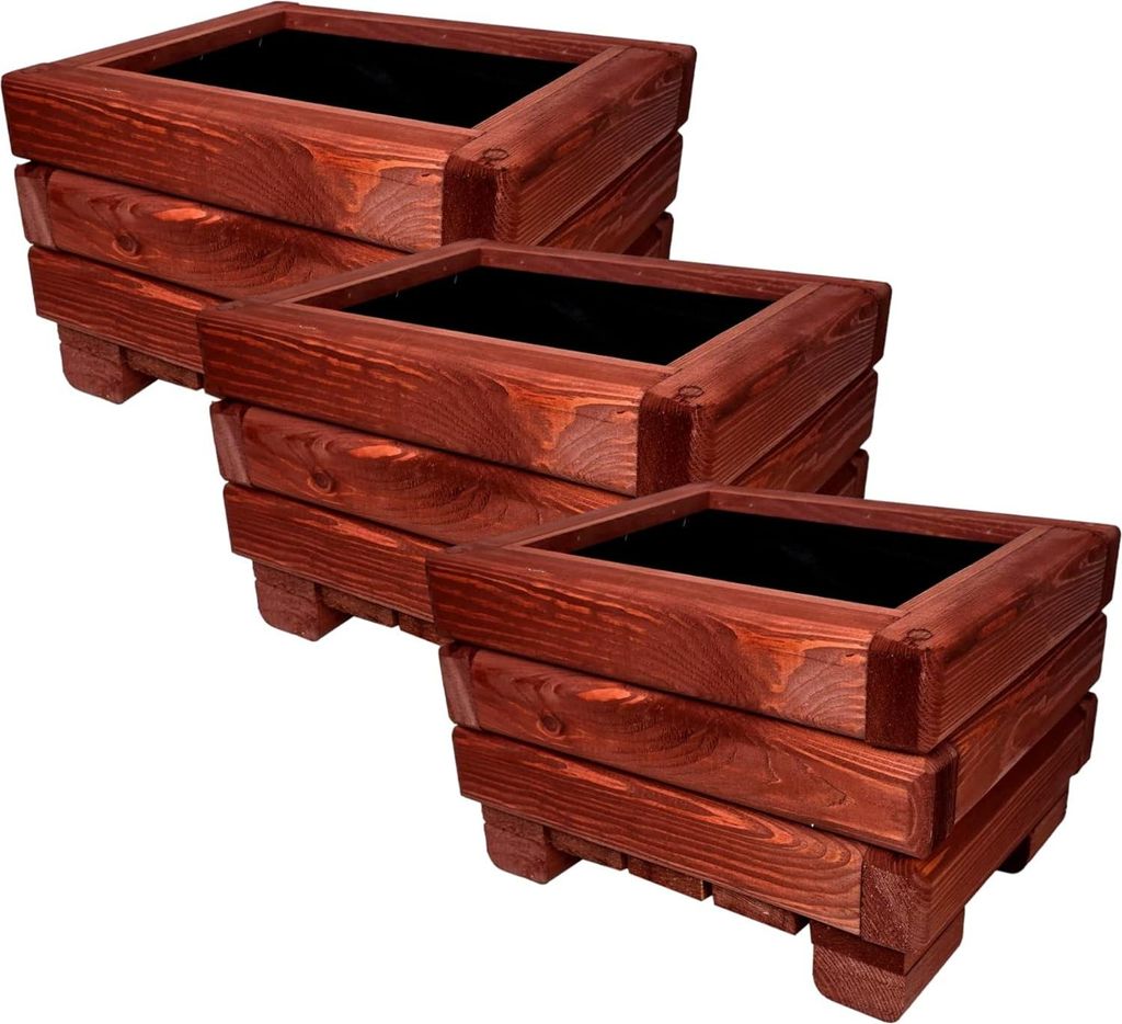 HolzGarden 3 Stück Set Pflanzkübel Holz Rechteckig 30x20x25 cm Imprägniert Farbe Rot Wetterfest Blumenkasten Blumentopf