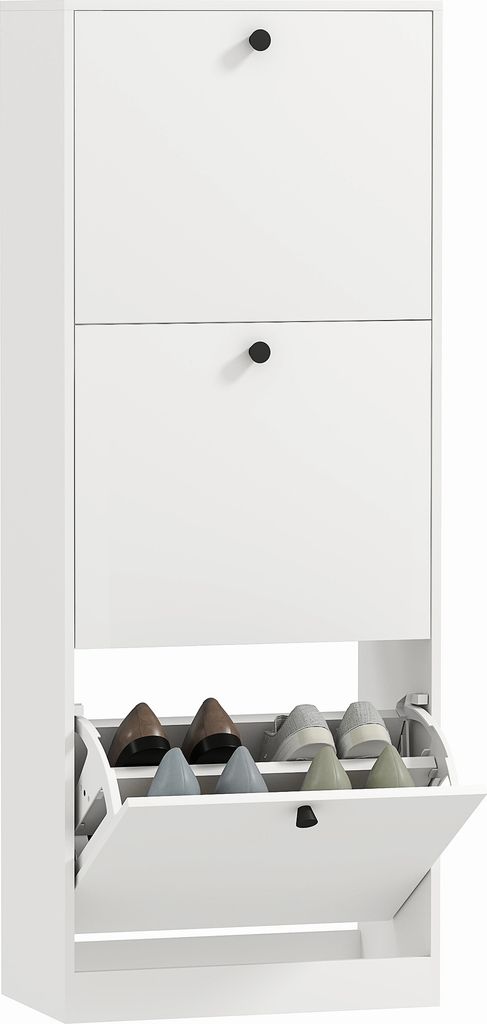 A white shoe cabinet with three flip-down compartments, two of which are closed and one is open, revealing shoes inside.