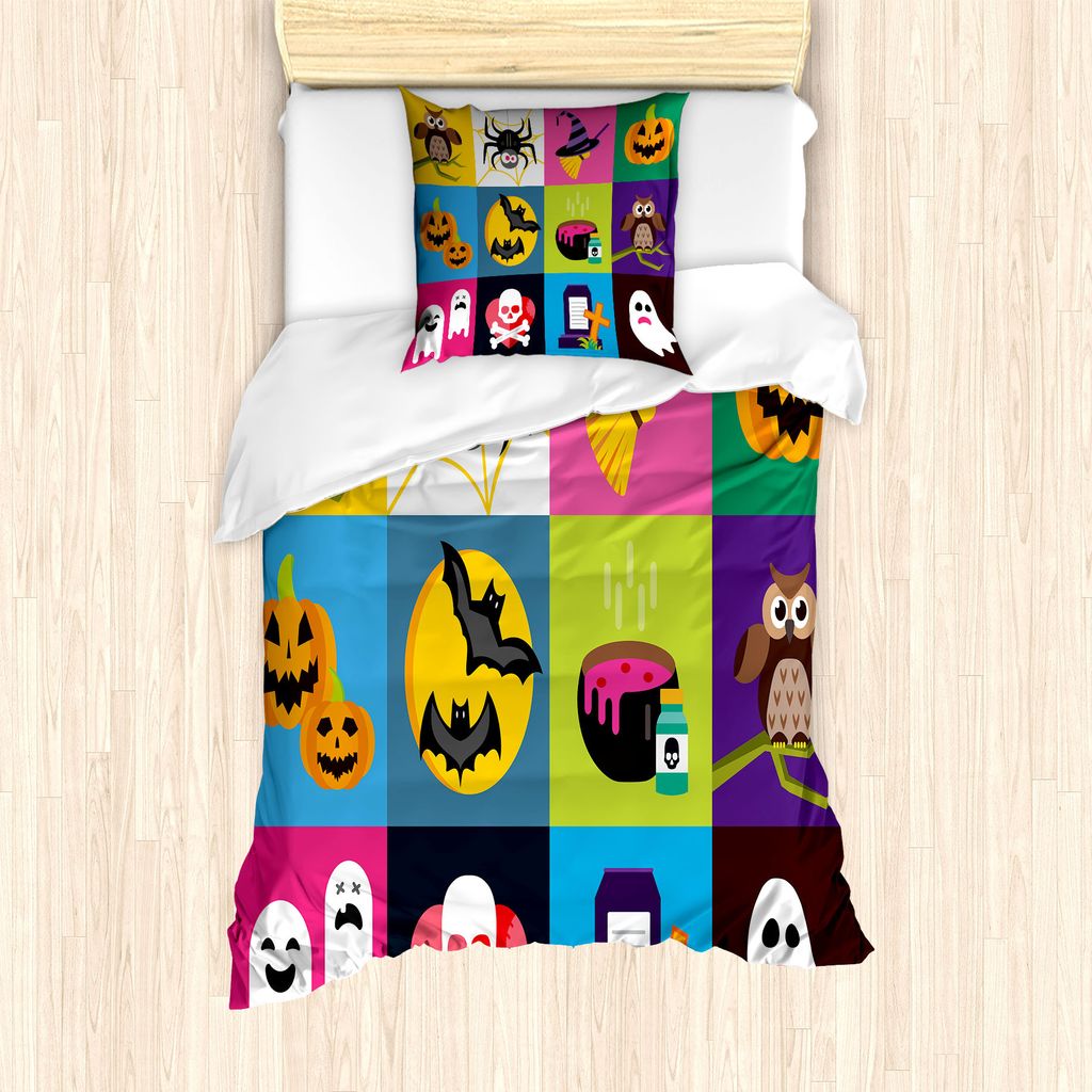 ABAKUHAUS Halloween Bettbezug Set für Einzelbetten, Bunte Horror Squares, Milbensicher Allergiker geeignet mit Kissenbezug, 135 cm x 200 cm - 80 x...