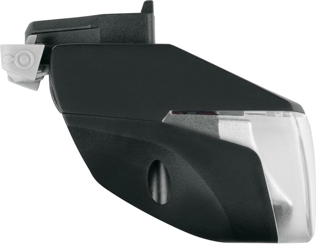 A black bicycle light with a white mounting bracket is shown against a white background.
