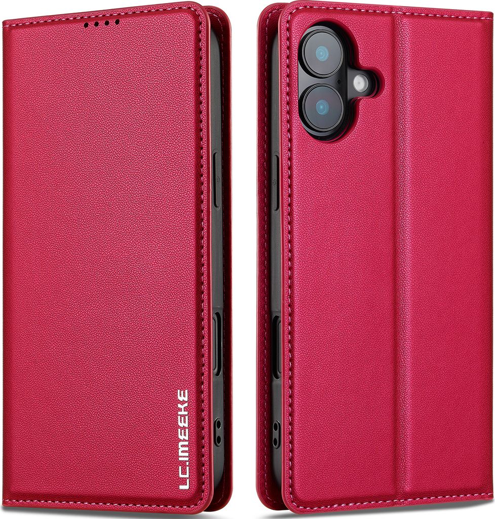 Handyhülle für iPhone 16, Magnetische Flip Leder Hülle mit Kartenfach und Standfunktion Rot