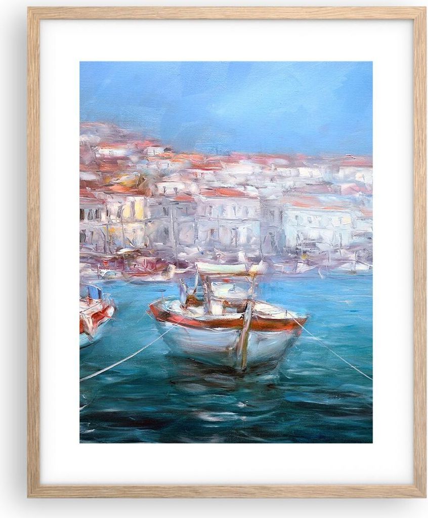 Gerahmtes Poster - Rahmen in heller Eiche - Öl Boote Griechenland - 40x50 cm - Wand Bild - Wanddeko - Wandbilder - Kunstposter - Wandposter - Bild...