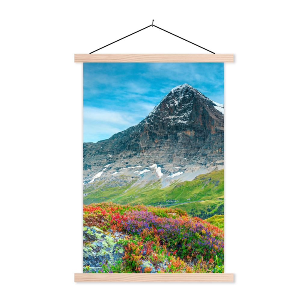 MuchoWow Textilposter Blumen - Berge - Schnee - Landschaft 120x180 cm mit holzfarbenen Rahmen - Textil-Plakat