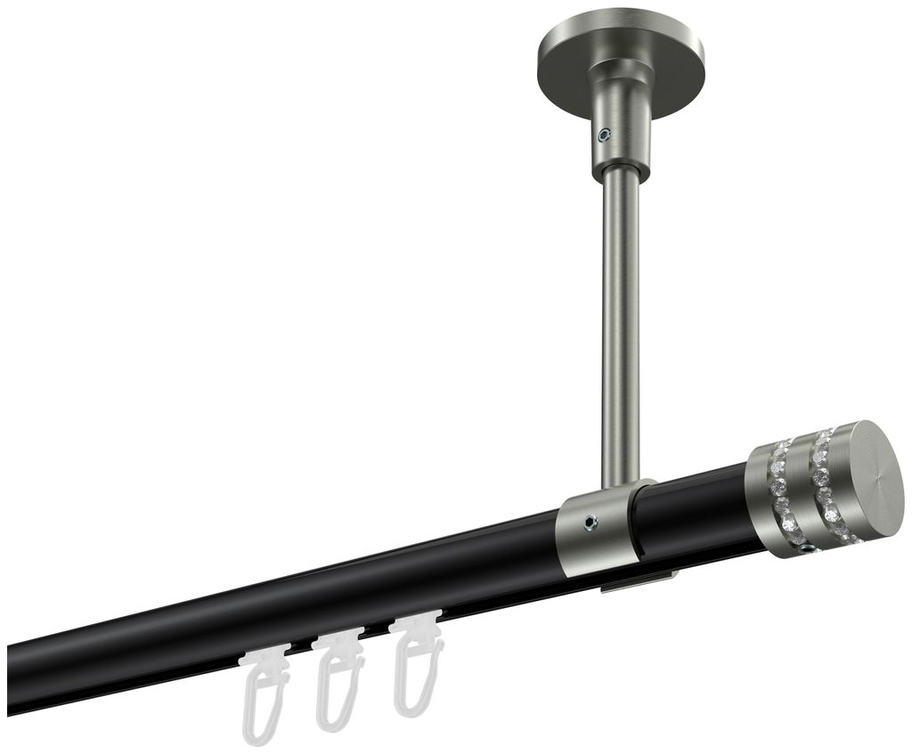 Interdeco Innenlaufstange / Gardinenstange mit Innenlauf Schwarz / Edelstahl-Optik, Typ Sonette Estana (Glitzerkappe) Deckenmontage, 20 mm Ø 1-lä...