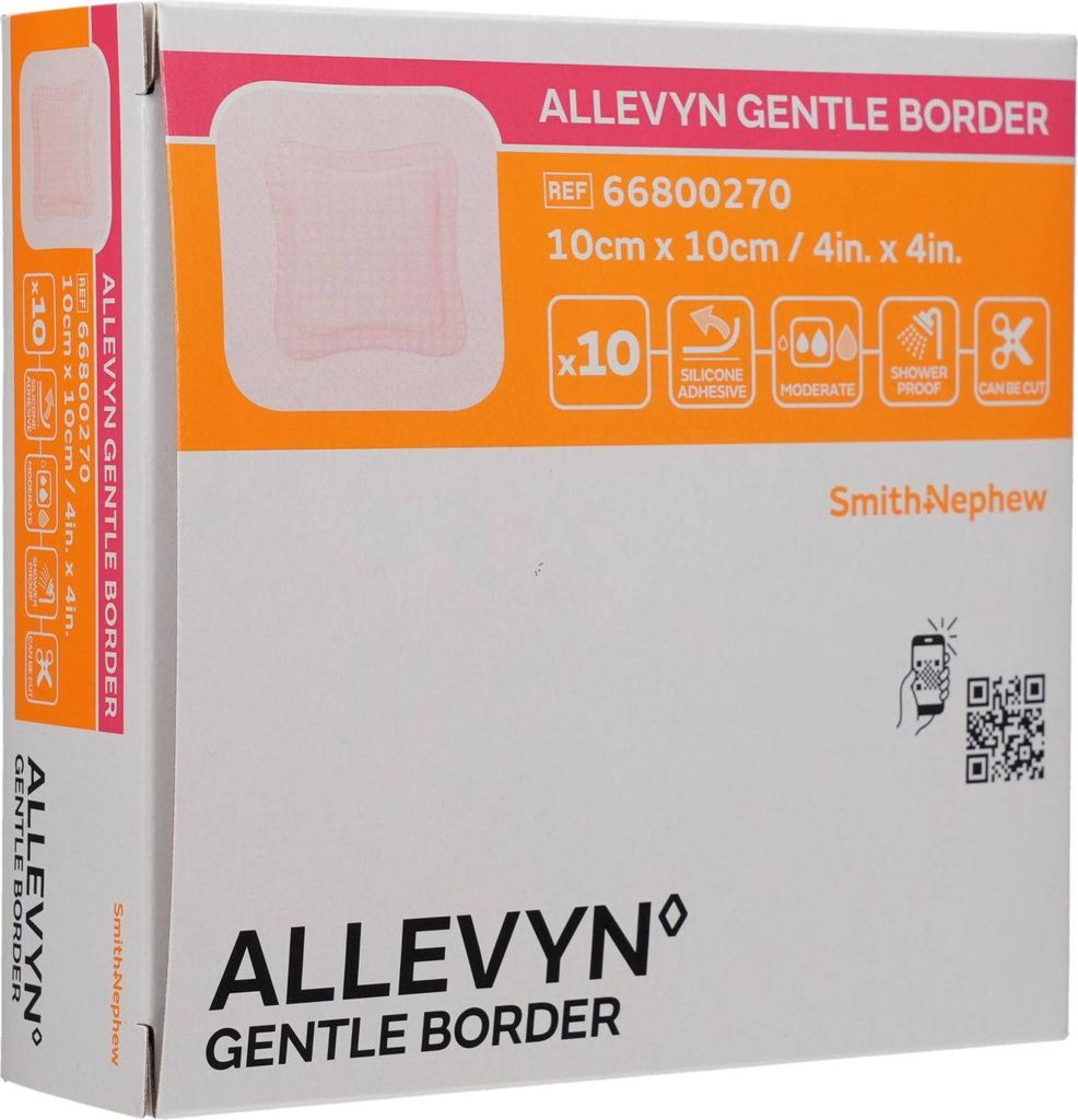 A box of ALLEVYN Gentle Border wound dressings.