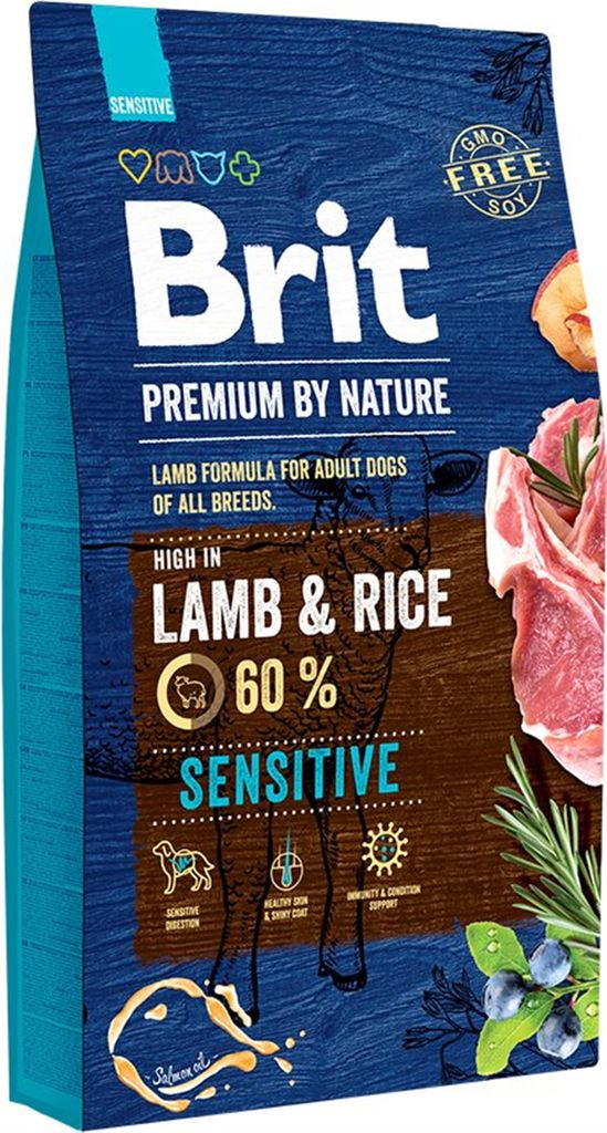 A bag of Brit Premium By Nature dog food, featuring lamb and rice.
