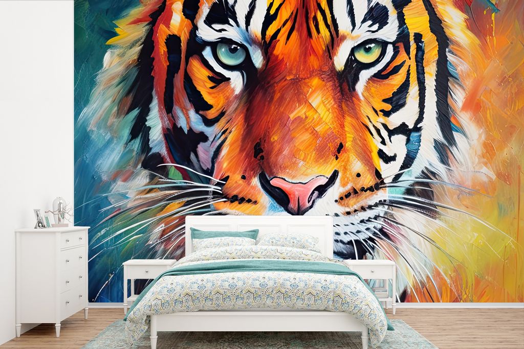 MuchoWow Fototapete für Wohnzimmer oder Schlafzimmer Wandtapete Vinyl Motivtapete Tiger - Tiere - Ölgemälde - Kunst - 525x350 cm - Das Hinterg...
